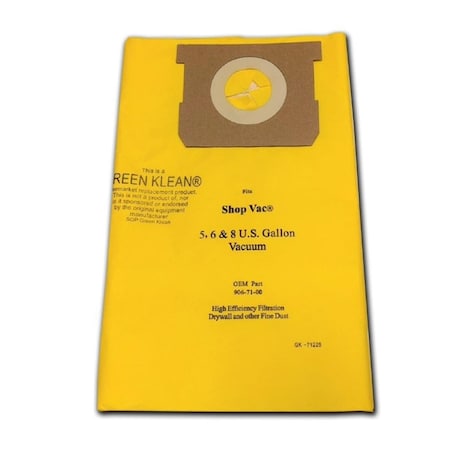 Green Klean Microplus For Shop Vac 906-71-00 5 - 8 Gallon High Efficiency 712-25 Replacement Paper Filter Bag, 10PK GR134941